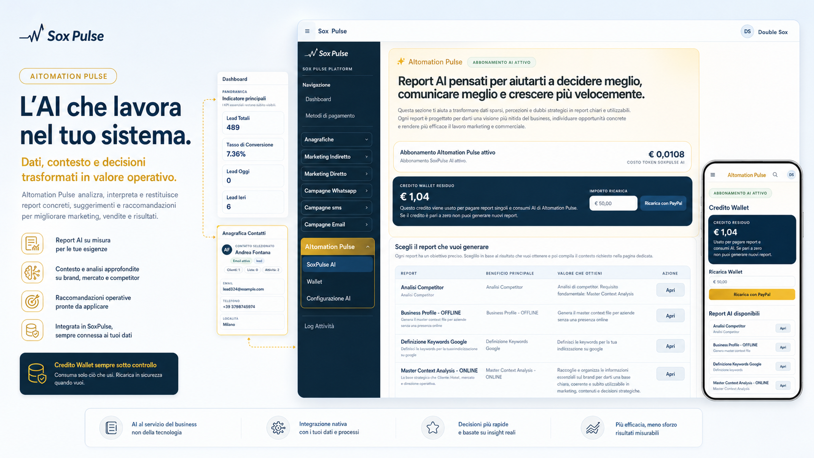 Area AItomation Pulse con report AI, wallet e configurazione del modulo